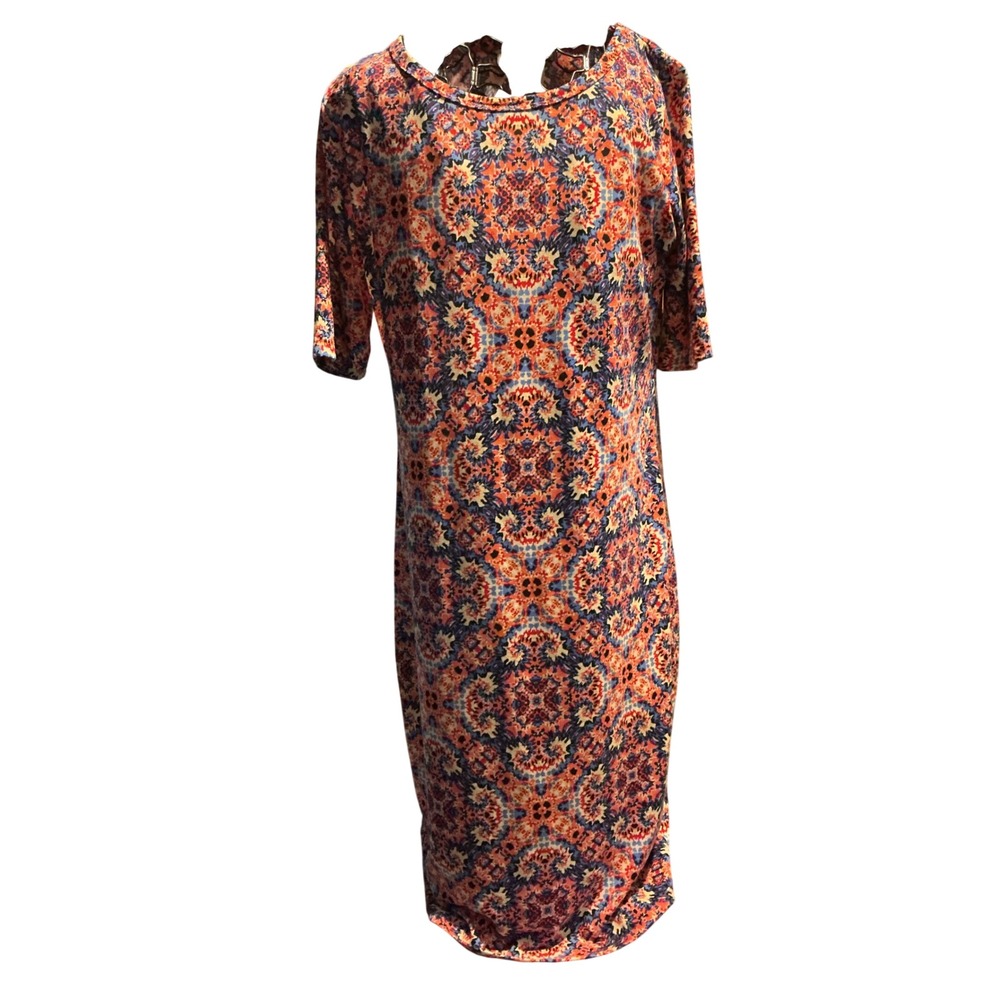 LuLaRoe Julia Dress Womens Medium Orange Blue Kaleidoscope Geometric Sheath Knit